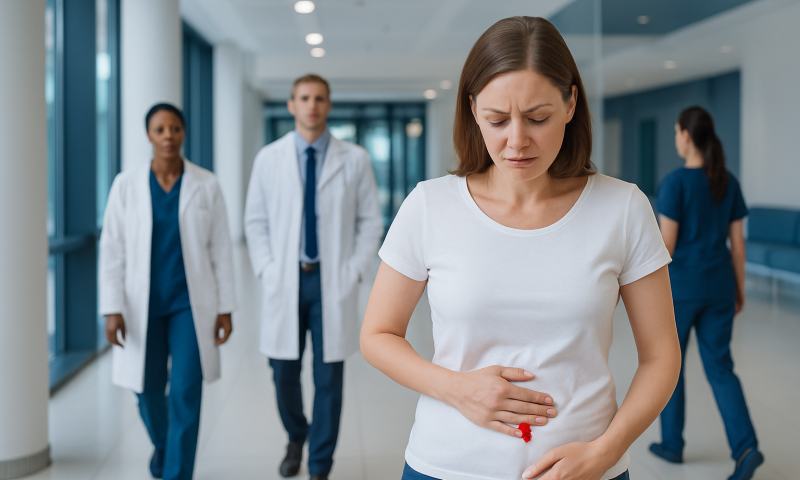 Woman with stomach pain in hospital corridor with medical staff in background.