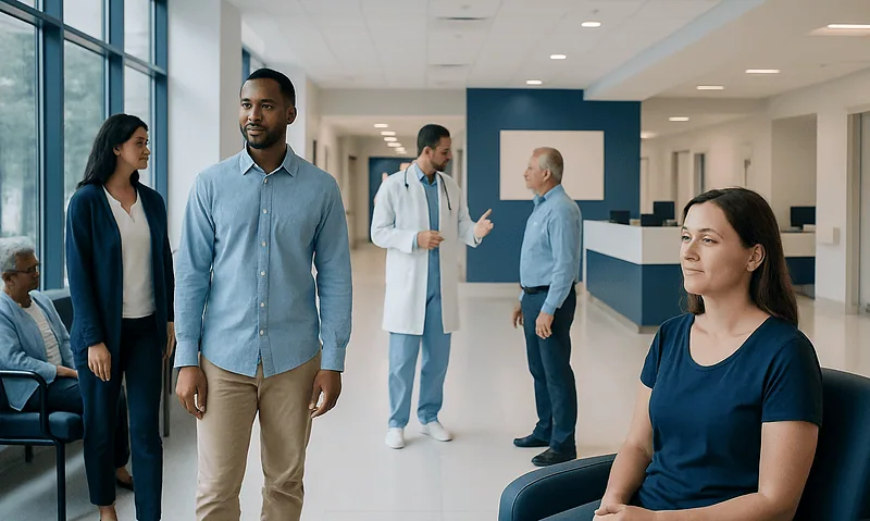 Diverse group of patients and doctors in a modern hospital lobby.