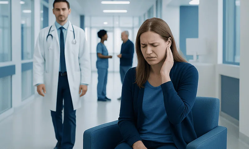 Woman with ear pain in hospital waiting area, doctor and nurse in background.