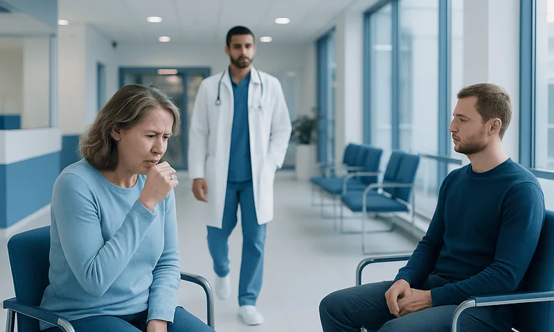 Linger cough after cold: Common Causes, Warning Signs, and When to Worry 12 Patient experiencing cough in hospital waiting area with doctor nearby.