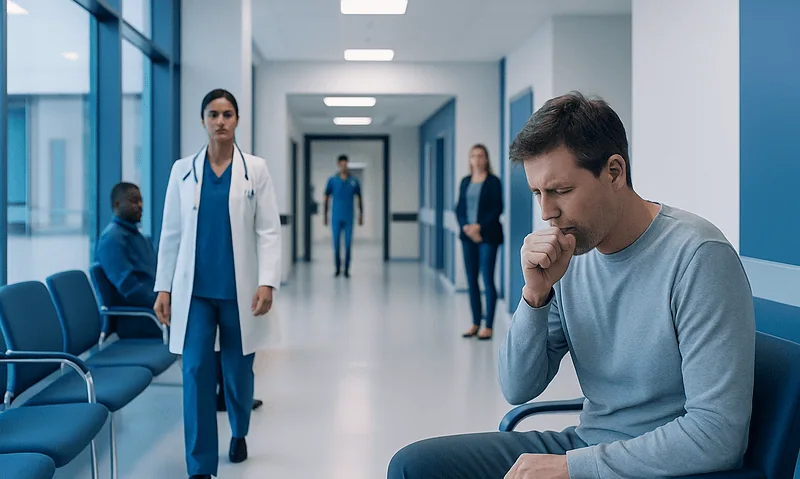 Man with cough in hospital corridor with medical staff nearby.