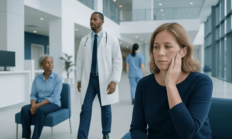 Woman experiencing facial heat sensation in a hospital waiting area.