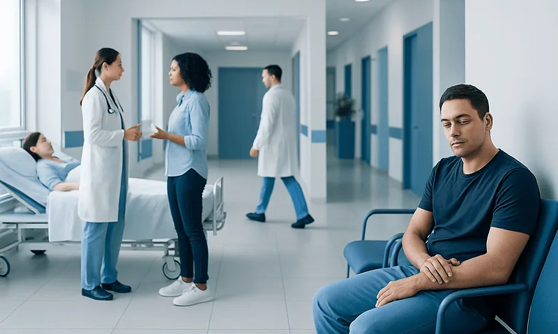 Patient experiencing numbness in hospital corridor at Acibadem Hospitals Group.