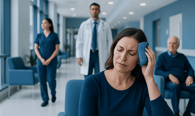 Woman with headache using ice pack in hospital waiting area.