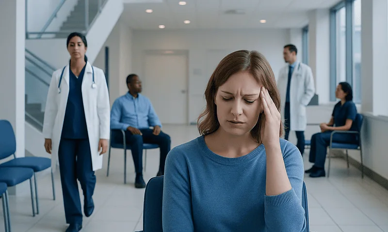 Patient experiencing headache in a hospital waiting area with medical staff nearby.