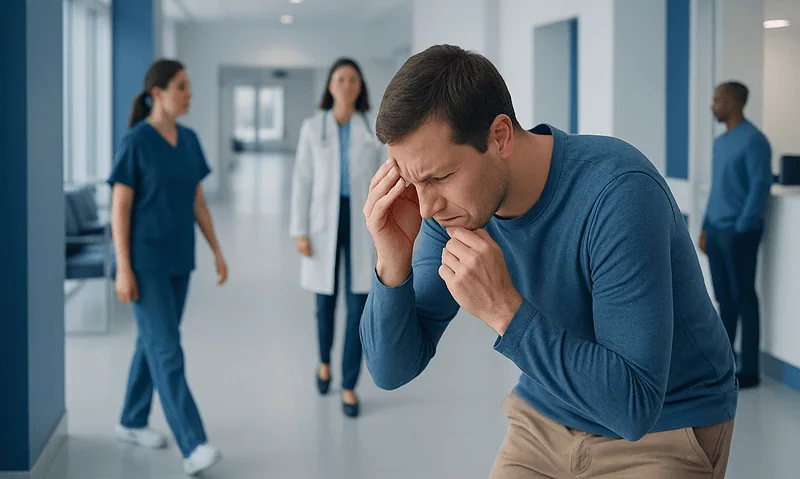 Man with headache holding head in hospital corridor with medical staff.