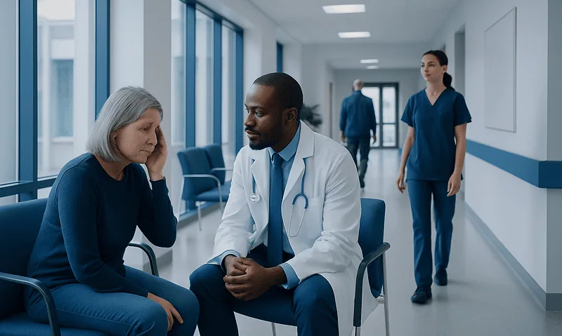 Doctor consulting with a patient in a hospital corridor.