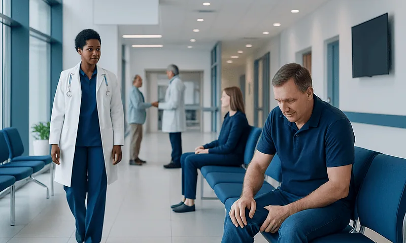 Doctor and patient in hospital corridor, healthcare professionals in background.