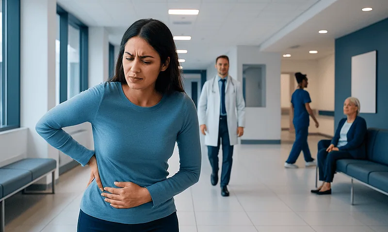 Back Pain From Menstrual Explained: Common Triggers and Red Flags 15 Woman with stomach pain in hospital corridor with medical staff nearby.
