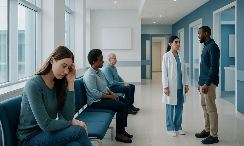 Patients waiting in a hospital corridor with a doctor consulting a visitor.