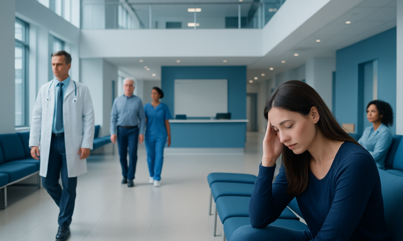 Woman in hospital waiting area experiencing discomfort or stress.