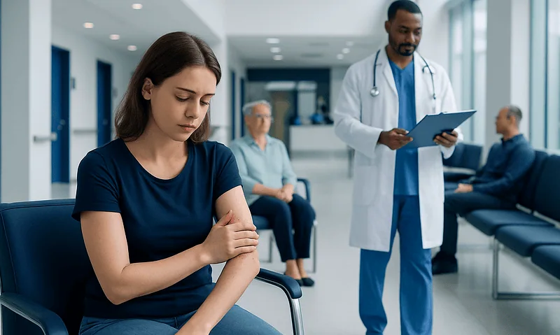 Young woman with arm rash at a medical clinic, waiting for consultation.