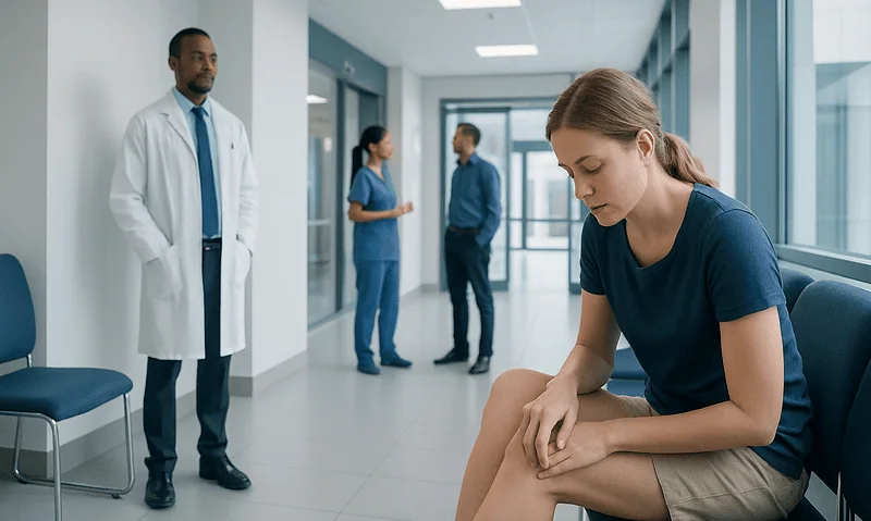 Young woman with knee pain in a hospital corridor with doctors and nurses.