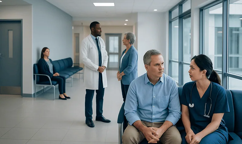 Doctor consulting with a patient in a hospital corridor.