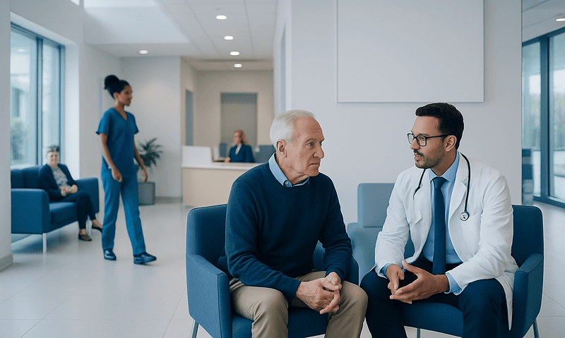 Doctor consulting with elderly patient in hospital waiting area.