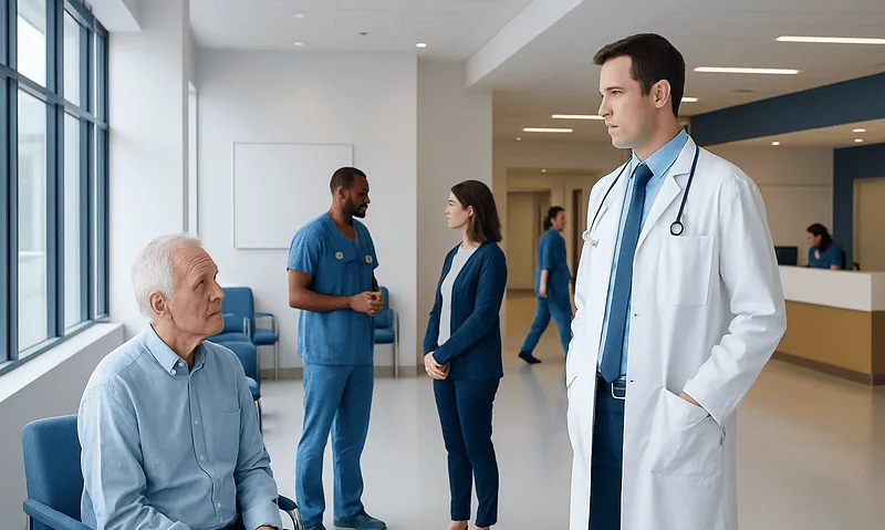 Doctor consulting with elderly patient in hospital lobby.