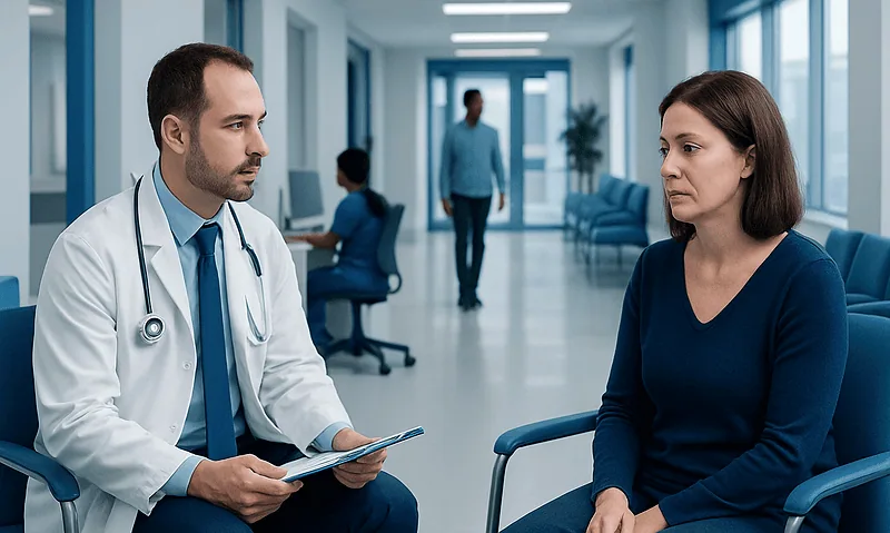 Doctor consulting with a patient in a hospital corridor.