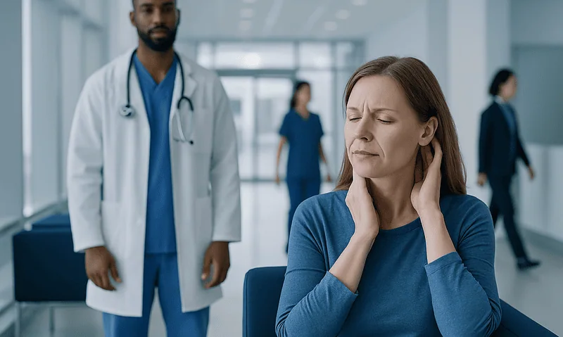 Woman experiencing ear pain in a hospital setting with a doctor nearby.