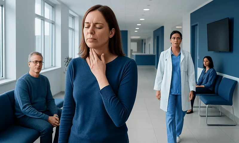 Woman with sore throat in hospital waiting area.