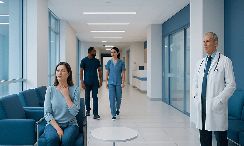 Patients waiting in a hospital corridor with medical staff present.
