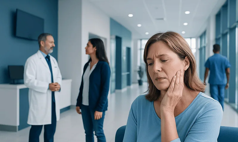 Woman experiencing jaw and ear pain in a hospital corridor.