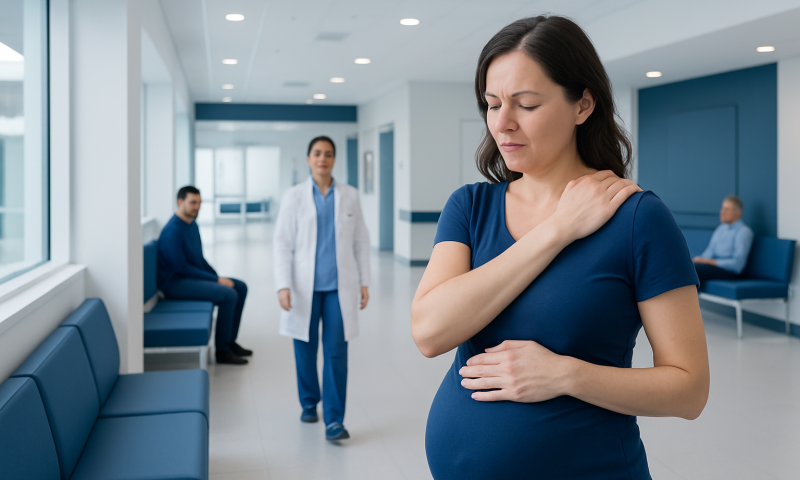 Aching Shoulders in Pregnancy: A Complete Clinical Guide for Patients 6 Pregnant woman experiencing shoulder pain in hospital corridor.