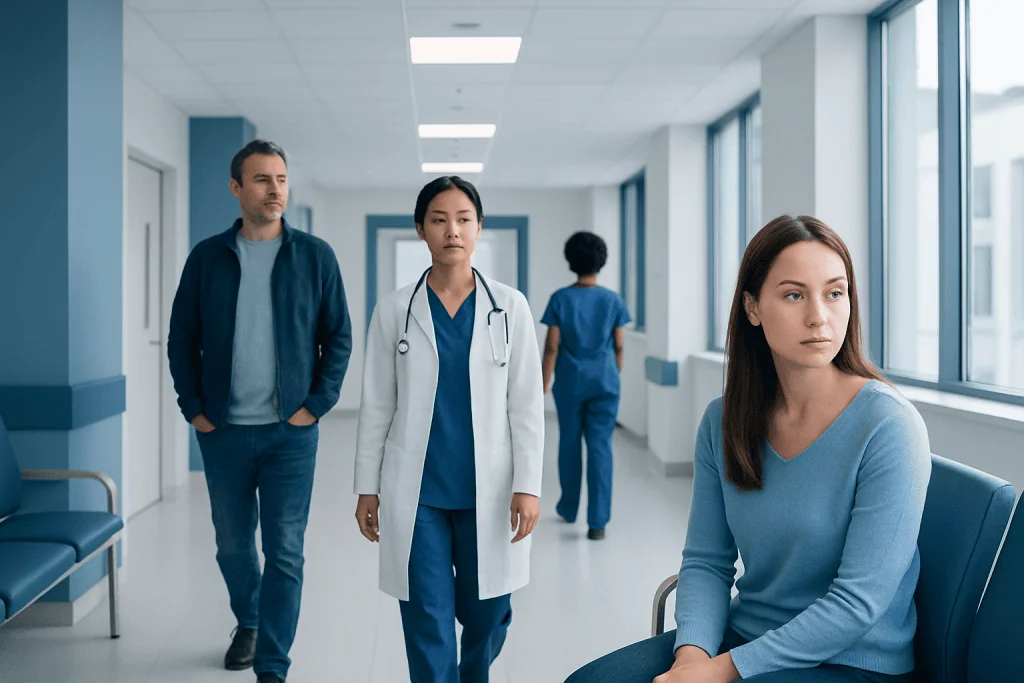 ADHD Symptoms in Women: Signs That Are Often Missed 1 Young woman waiting in hospital corridor with medical staff nearby.