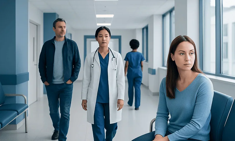 Young woman waiting in hospital corridor with medical staff nearby.