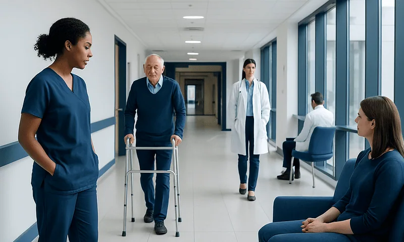 Healthcare professionals and patient in hospital corridor at Acibadem Hospitals Group.