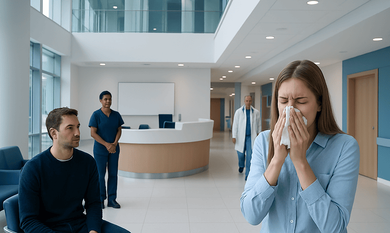Woman sneezing in hospital lobby with medical staff nearby.