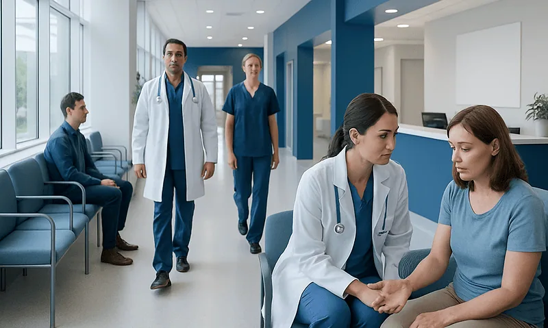 Aloe Vera Gel Burning: What Patients Need to Know 7 Healthcare professionals consulting with a patient in a modern hospital corridor.