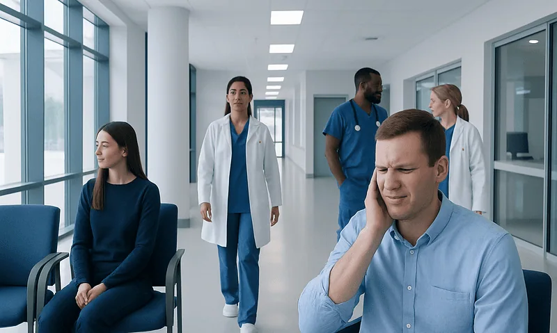 Earache when i burp: Symptoms, Causes, and Treatment — Complete Patient Guide 10 Patient experiencing ear pain in a hospital corridor with medical staff nearby.