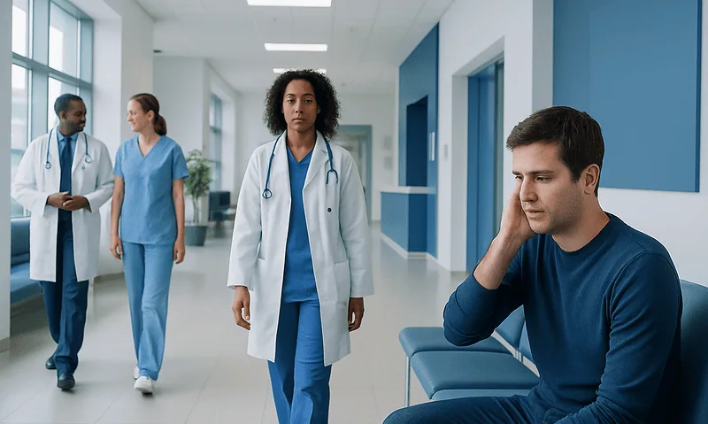 Patient experiencing ear discomfort in a hospital corridor with medical staff nearby.