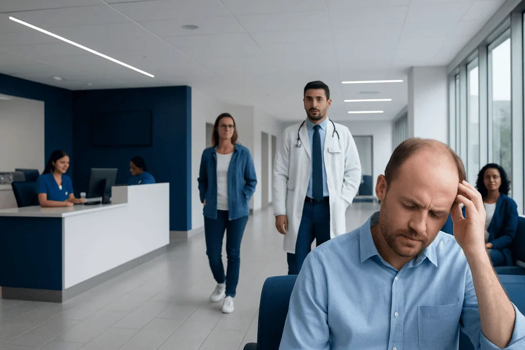 Head Itches and Hair Loss: What Patients Need to Know 1 Patient experiencing head pain in a hospital waiting area.