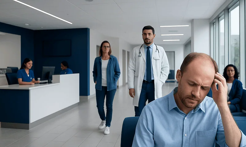 Patient experiencing head pain in a hospital waiting area.