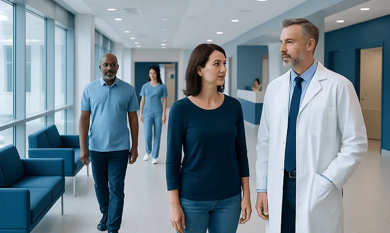 Medical professionals and patients in a modern hospital corridor.