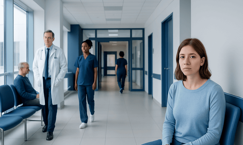 Young woman waiting in hospital corridor for medical consultation.