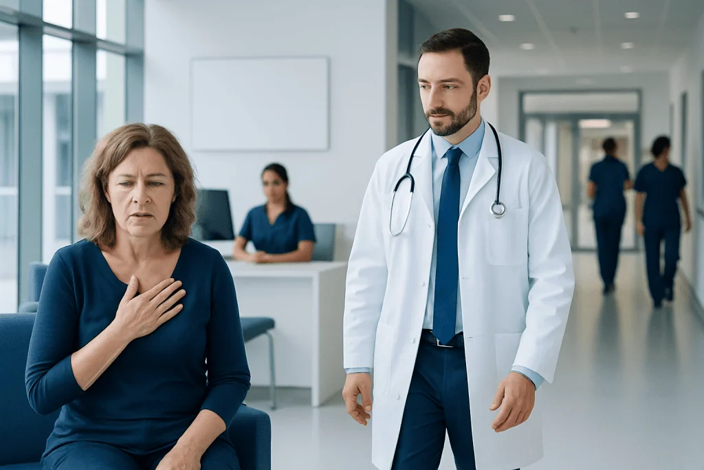 Anxiety or Heart Problem? Symptoms That Should Be Checked Promptly 1 Doctor examining a woman with chest discomfort in hospital corridor.