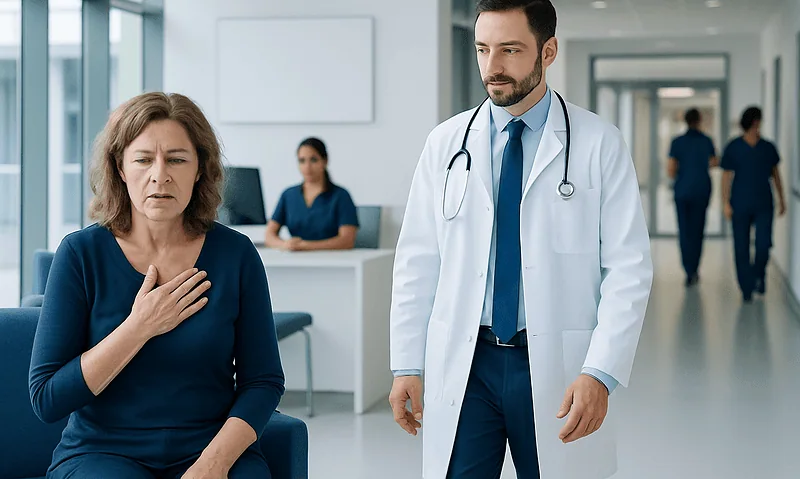 Doctor examining a woman with chest discomfort in hospital corridor.