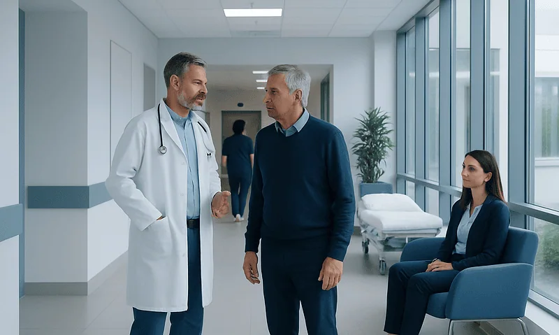 Cardiologist discussing with patient in hospital corridor.