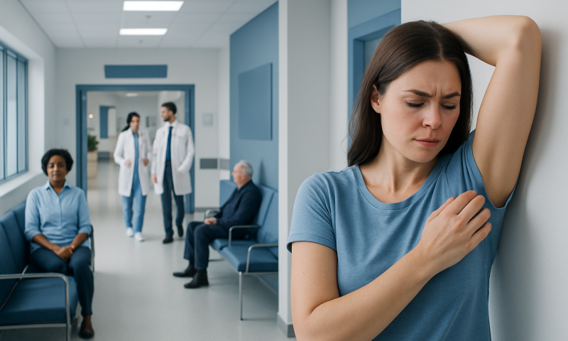 Young woman with itchy armpit at hospital waiting area.