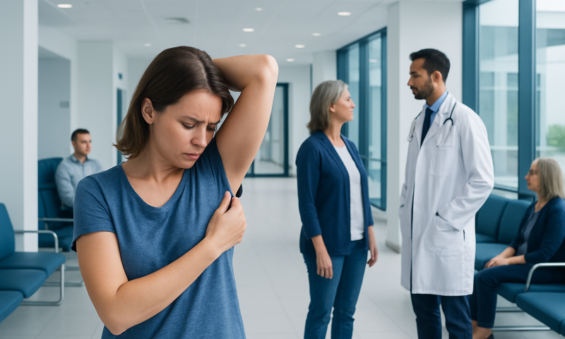 Woman checking her underarm in a hospital waiting area.