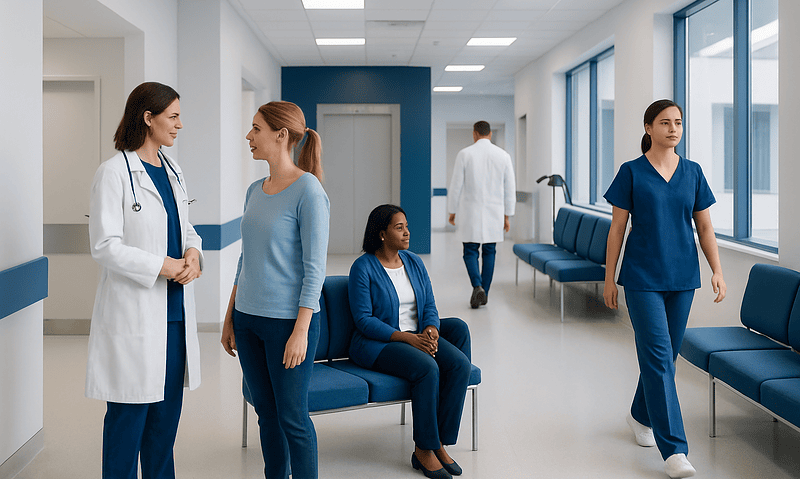 Hospital corridor with medical staff and patients in a modern healthcare facility.