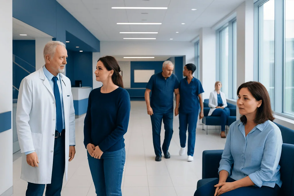 Stroke Prevention in Atrial Fibrillation: Medicines, Monitoring, and Safer Choices 1 Medical professionals and patients in a modern hospital corridor.