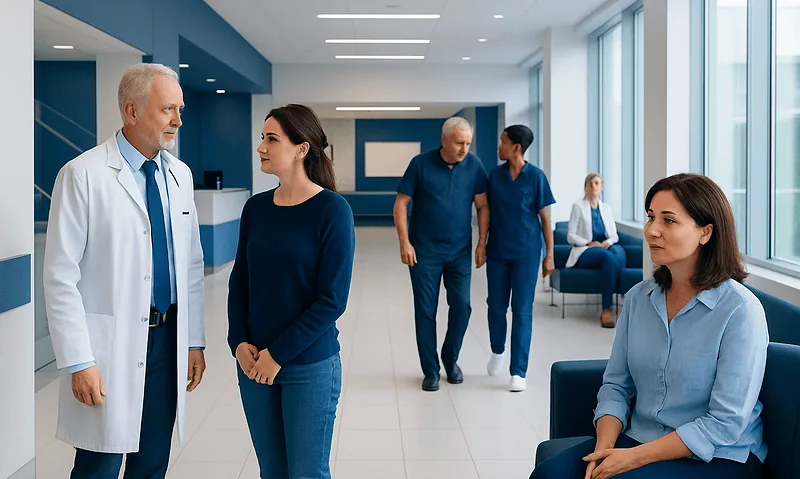 Medical professionals and patients in a modern hospital corridor.