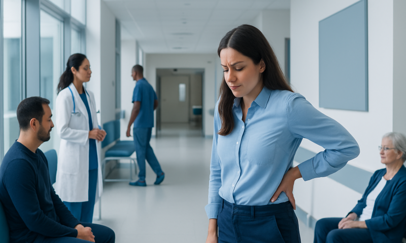 Woman experiencing back pain in a hospital corridor with medical staff nearby.