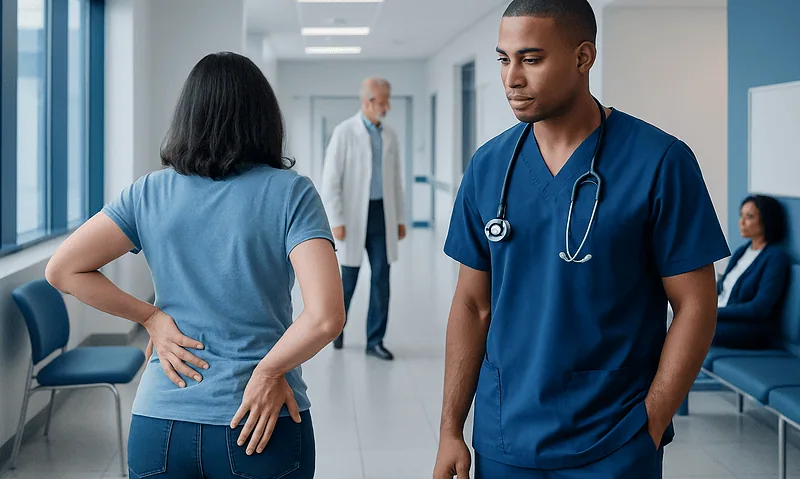 Patient experiencing back pain in a hospital corridor with a healthcare professional nearby.