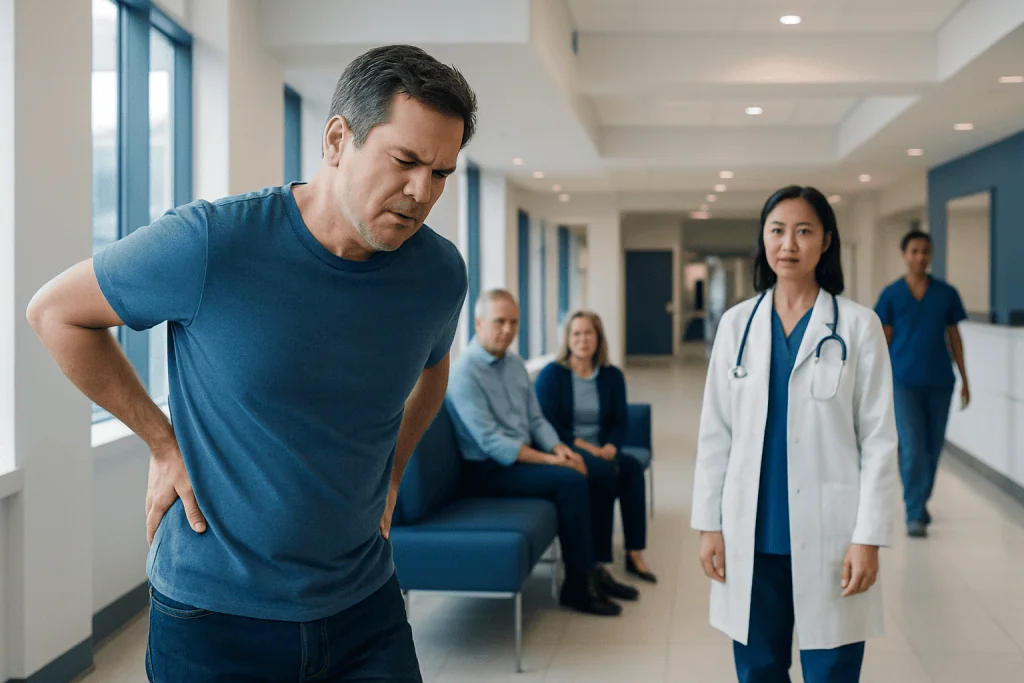 Pain in Back When I Inhale: Possible Causes and When to Seek Care 1 Man experiencing back pain in a hospital corridor with medical staff nearby.