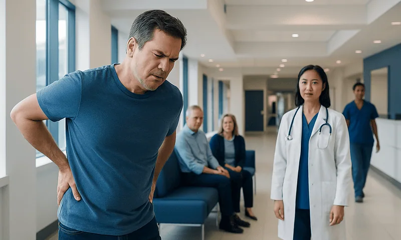 Man experiencing back pain in a hospital corridor with medical staff nearby.