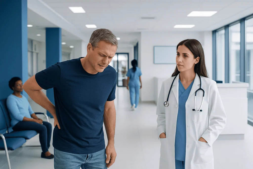 Bad Back and Diarrhea: What Patients Need to Know 1 Patient consulting with doctor in hospital corridor.